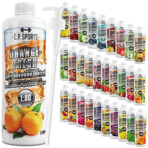 C.P. Sports Getränkesirup für Mineraldrink I Sirup zuckerfrei für Vital-Drink ORANGE-FRESH mit Vitaminen I Getränkekonzentrat zum Mischen mit Wasser für Sport-Getränk I 1 Liter + Pumpspender von C.P.Sports