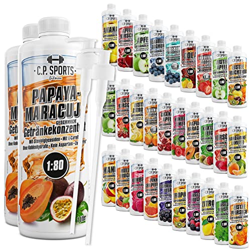 C.P. Sports Getränkesirup für Mineraldrink I Sirup zuckerfrei für Vital-Drink PAPAYA-MARACUJA mit Vitaminen I Getränkekonzentrat zum Mischen mit Wasser für Sport-Getränk I 2 Liter + 2 Pumpspender von C.P.Sports