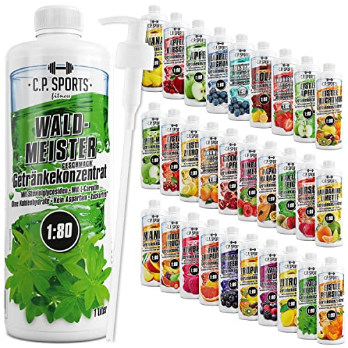 C.P. Sports Getränkesirup für Mineraldrink I Sirup zuckerfrei für Vital-Drink WALDMEISTER mit Vitaminen I Getränkekonzentrat zum Mischen mit Wasser für Sport-Getränk I 1 Liter + Pumpspender von C.P.Sports