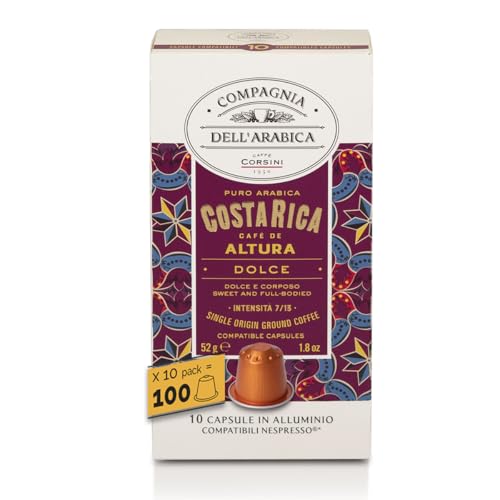 Caffè Corsini - Costa Rica 100 Kompatible Nespresso-Kapseln, 100% Arabica Kaffee, Intensität 7/13, 10 Boxen mit 10 Kapseln, 520g von CAFFÈ CORSINI 1950