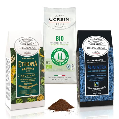 Caffè Corsini - Set Gemahlener Kaffee Aromatisch Degustationskit Bio&Fairtrade, Hochwertig, Ökosozial, 3x250g Gesamtes Set 750g von CAFFÈ CORSINI 1950