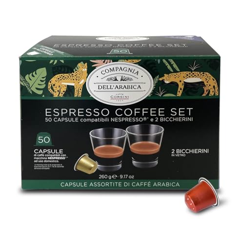 Caffè Corsini - 50 Kapseln Kompatibel mit Nespresso, Sortierte Einzelner Ursprung + 2 Gläser, Geschenkbox, 100% Arabica Kaffee, 5 Boxen mit 10 Kapseln von CAFFÈ CORSINI 1950