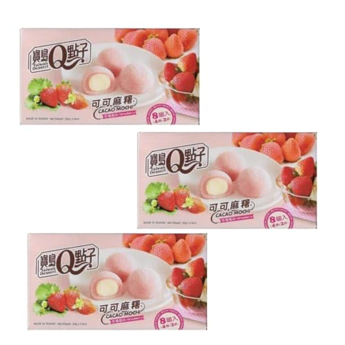 · CANDYBOX · Mochi-Kuchen Cacao Mochi Strawberry - nach Japanischer Art - Asiatische Süßigkeiten - Süße Reisbällchen - Asiatische Gefüllte Kekse - 8 Stück pro Pack - 240 Gramm 3 Stück von · CANDYBOX ·