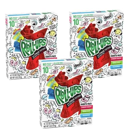 CANDYBOX Betty Crocker Fruit Roll Up - Frucht-Snacks - Fruchtrollen für Kinder und Erwachsene - Fruchtgummi-Rolle - Fruchtgelees - Geschmack Erdbeere, Tropical und Himbeere - 3 Stück, 3x 141g von · CANDYBOX ·