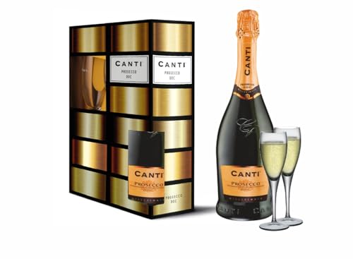 Canti - Prosecco D.O.C. Extra trocken Millesimato Wein 10.5%, Geschenkpackung mit zwei gläsern, italienische Glera-Rebsorte aus Veneto, fruchtiger und blumiger Geschmack, 1x750 ml von CANTI