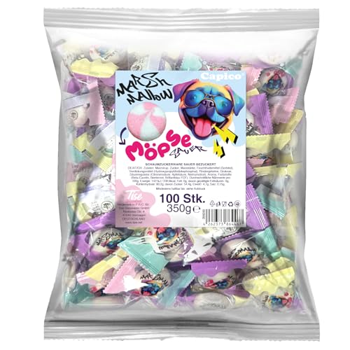 Capico Saure Marsh Mallow Möpse 100 Stück (350g) Wurfmaterial für Karneval & Fasching von CAPICO