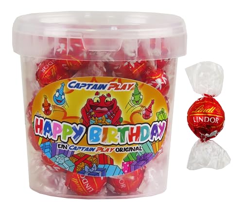 CAPTAIN PLAY Happy Birthday Pralinen Geschenk Geburtstag, Geburtstagsgeschenk mit 500g Lindt LINDOR Spezialitäten, ausgefallene Geschenkidee für jedes Alter in Pralinen Box von CAPTAIN PLAY