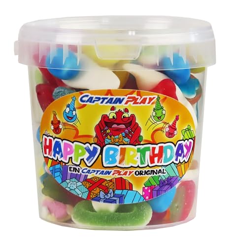 CAPTAIN PLAY Happy Birthday Süßigkeiten-Mix, Geburtstagsgeschenk mit 500g Fruchtgummi, Marshmallows und Kaubonbons, ausgefallene Geschenkidee für jedes Alter von CAPTAIN PLAY