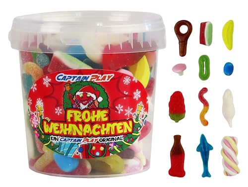 Frohe Weihnachten mit CAPTAIN PLAY Süßigkeiten-Mix, Süßigkeiten Geschenk mit 500g Fruchtgummi und Kaubonbons, besondere Geschenkidee für Männer, Frauen, Familie, Freunde, Nachbarn oder Kollegen von CAPTAIN PLAY