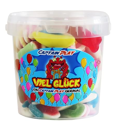 Viel Glück Süßigkeiten-Mix, CAPTAIN PLAY Süßigkeiten Geschenk mit 500g Kaubonbon, Fruchtgummi und Marshmallows, nette Viel Glück Geschenkidee für Prüfung, neuen Job oder Kennenlernphase von CAPTAIN PLAY