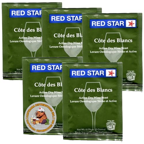 Red Star Côtes des Blancs Weinhefe (5er Pack) - Ideal für die Herstellung von Wein, Cider, Met, Kombucha zu Hause - 5 g Sachets - Saccharomyces cerevisiae - Verkauft von CAPYBARA Distributors Inc. von CAPYBARA Distributors Inc.