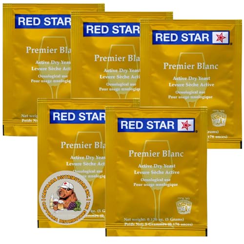 Red Star Premier Blanc Weinhefe (5er Pack) - Ideal für die Herstellung von Wein, Cider, Met, Kombucha zu Hause - 5 g Sachets - Saccharomyces cerevisiae - Verkauft von CAPYBARA Distributors Inc. von CAPYBARA Distributors Inc.