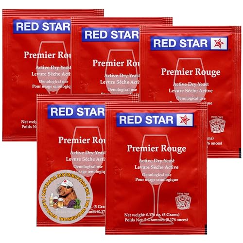 Red Star Premier Rouge Weinhefe (5er Pack) - Ideal für die Herstellung von Wein, Cider, Met, Kombucha zu Hause - 5 g Sachets - Saccharomyces cerevisiae - Verkauft von CAPYBARA Distributors Inc. von CAPYBARA Distributors Inc.