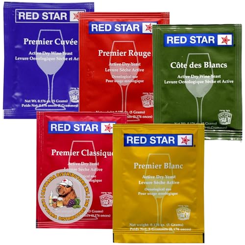 Red Star Sampler Weinhefe (5er Pack) - Ideal für die Herstellung von Wein, Apfelwein, Met und Kombucha zu Hause - 5 g Sachets - Saccharomyces cerevisiae - Verkauft von CAPYBARA Distributors Inc. von CAPYBARA Distributors Inc.