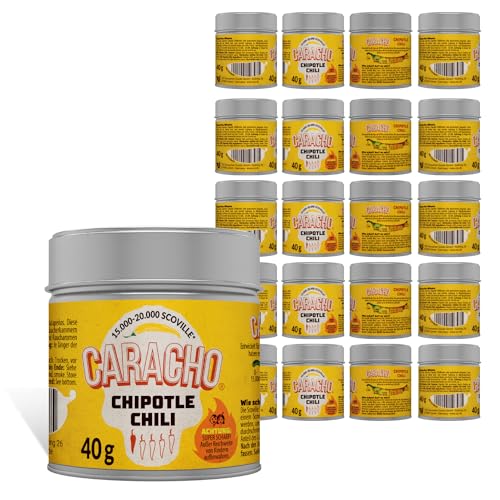 CARACHO 20er Pack x 40g Chili Chipotle Chiliflocken geschrotet - Premium 100% Scharfes Chillipulver in Metal Gewürz Dose/Scoville: 15.000-20.000 / Vorteilspack von CARACHO