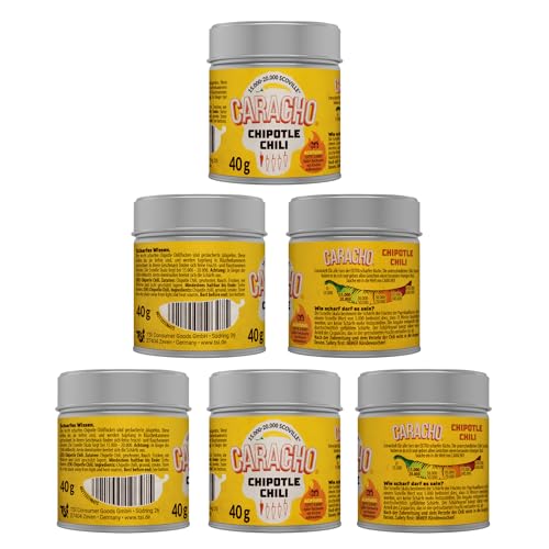 CARACHO 5er Pack x 40g Chili Chipotle Chiliflocken geschrotet - Premium 100% Scharfes Chillipulver in Metal Gewürz Dose/Scoville: 15.000-20.000 / Chili-Spezialität von CARACHO