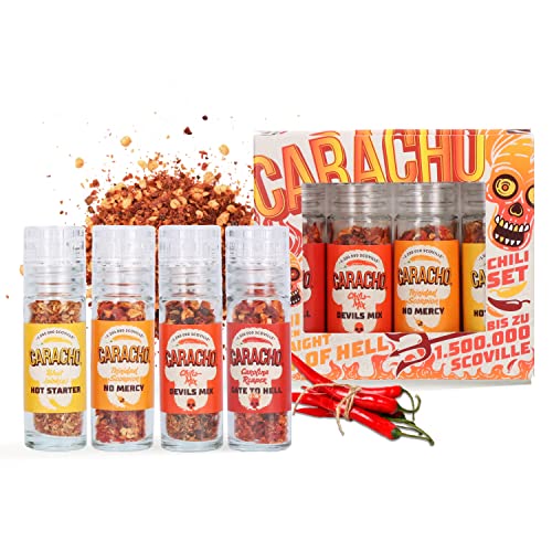 CARACHO Chili Mühlen Set Superhot Vol. 2, Extrem scharfe Chili, Schärfe von 1-1,5 Mio Scoville, 4 Mini Mühlen im Geschenkset, Hochwertige Chilis mit verschiedenen Schärfegraden, Chili Gewürz-Set von CARACHO