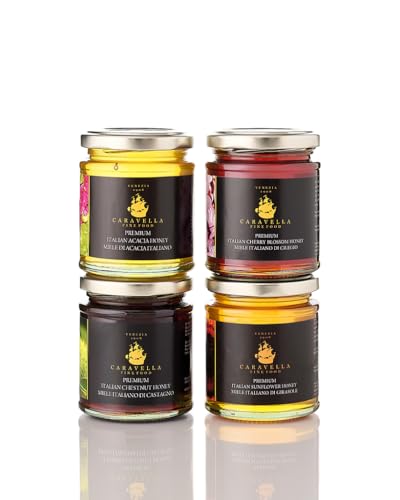 Caravella Fine Food - 4 Stück Akazienhonig 250 g, Kirschhonig 250 g, Kastanienhonig 250 g, Sonnenblumenhonig 250 g – Kollektion Gourmet Caravella – reiner natürlicher Honig, 100% italienisch von CARAVELLA FINE FOOD