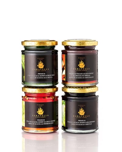 Caravella Fine Food - 4er-Pack Akazienhonig mit Chili 250 g Akazienhonig mit Minze 250 g Akazienhonig mit Blaubeeren 250 g Akazienhonig mit Schokolade 250 g – 100% italienisch – aromatisierter Honig von CARAVELLA FINE FOOD