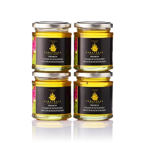 Caravella Fine Food - 4 x Italienischer Akazienhonig 250 g - Leichte, milde Süße - Reiner roher unpasteurisierter zarter Honig - 100% italienisch - natürlicher Süßstoff von CARAVELLA FINE FOOD