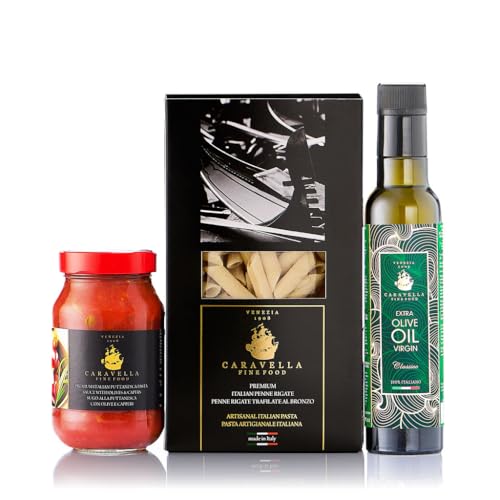 Caravella Fine Food Feinkost Geschenk Italienisches Delikatessen Penne Rigate Natives Olivenöl Extra "Classico" Puttanesca-Sauce 100% Natürliche Zutaten für Feiertage Geburtstage besondere Anlässe von CARAVELLA FINE FOOD