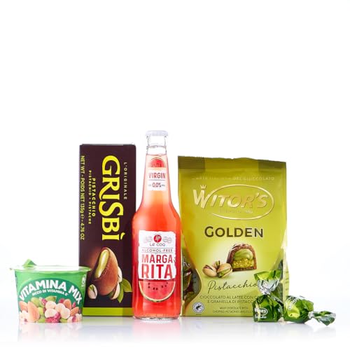 Caravella Fine Food - Geschenkset "Pistazie n°2" - ohne Alkohol - Margarita Virgin Cocktail 33 cl, Pistazienmilchschokoladen, Schokoladenkekse mit Pistaziencreme, Vitamin-Mix Crunchy Snack von CARAVELLA FINE FOOD