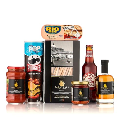 Caravella Fine Food – Italienisches Feinkost Geschenkset „Peperoncino“ – Chili Spaccatelli Pasta, Chili Olivenöl, Arrrabbiata Saucen, Burschetta-Chilisauce,Makrele in Olivenöl mit Chili, Bier, Snacks von CARAVELLA FINE FOOD