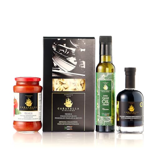 Caravella Fine Food - Italienisches Gourmet-Tasting und Geschenkset „Classico“ - Auswahl an handwerklich hergestellter Pasta, EVO-Olivenöl, Basilikumsauce, Balsamico-Essig aus Modena IGP von CARAVELLA FINE FOOD