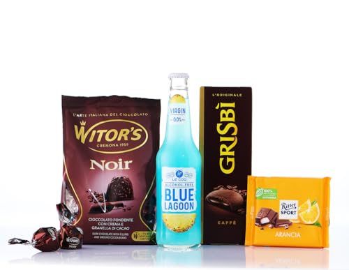 Caravella Fine Food Italienisches Lebensmittelgeschenk "Chocolate Noir" – Blue Lagoon Alkoholfreier Cocktail, dunkle Schokolade mit gemahlenen Kakaobohnen, weiche Kaffeesahnekse, Schokoriegel mit von CARAVELLA FINE FOOD