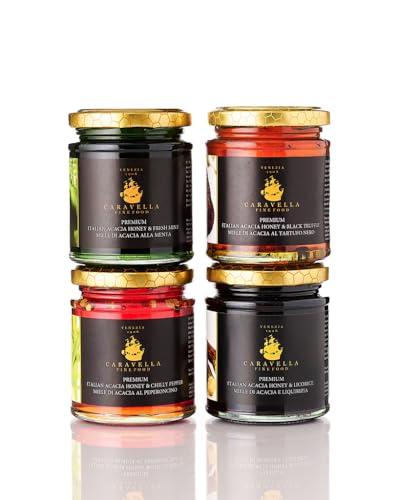 Caravella Fine Food -Tasting/Geschenkset x 4er-Akazienhonig mit Chili 250 g, Akazienhonig mit schwarzem Trüffel 250 g, Akazienhonig mit Minze 250 g, Akazienhonig mit Lakritz 250 g, 100% italienischer von CARAVELLA FINE FOOD