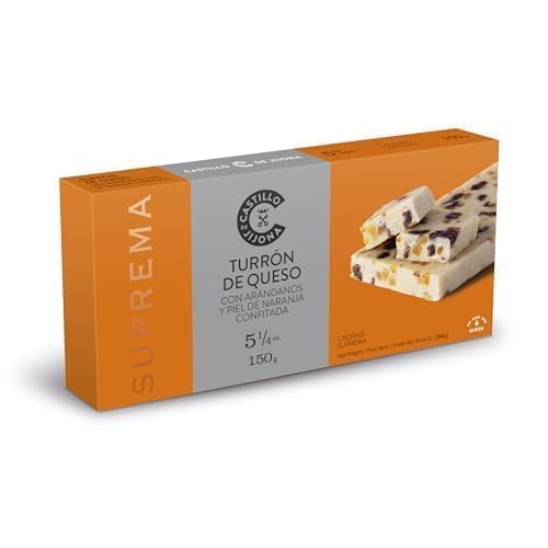 Castillo de Jijona - Mandelturrón mit Käse, Preiselbeeren und kandierter Orangenschale, 150 g - Original Mandelturrón - Glutenfrei - Höchste Qualität - Handwerksrezept - Traditionelles Rezept von CASTILLO DE JIJONA