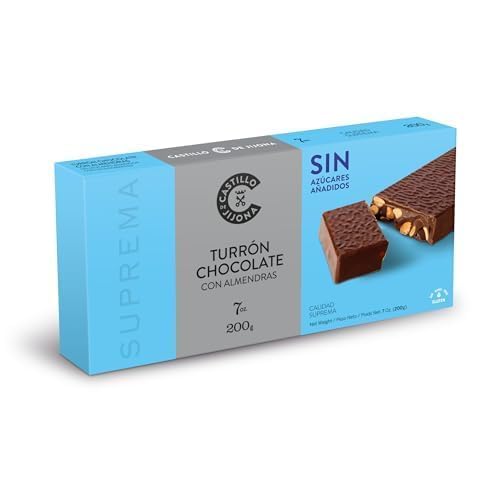 Castillo de Jijona Schokoladennougat mit ungesüßten Mandeln, 200 g, ohne Zucker, unverkennbarer Geschmack, glutenfrei, hohe Qualität, 18 Monate Lebensdauer, hergestellt in Spanien von CASTILLO DE JIJONA