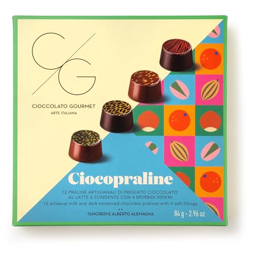 CG Ciocopraline, Gourmet-Schokoladenpralinen aus Italien, Handwerklich Hergestellte Pralinen aus Milchschokolade und Dunkler Schokolade mit Pistazie, Haselnuss und Orange in Geschenkschachtel, 84g von CG CIOCCOLATO GOURMET ARTE ITALIANA