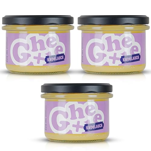 CG Ghee+ Knoblauch | 3 x 220ml | Ausgezeichnet mit dem Great Taste Zertifikat | Reines Butterfett verfeinert mit Knoblauch für intensiven Geschmack | Ideal zum Kochen, Braten, Backen und Grillen von CG