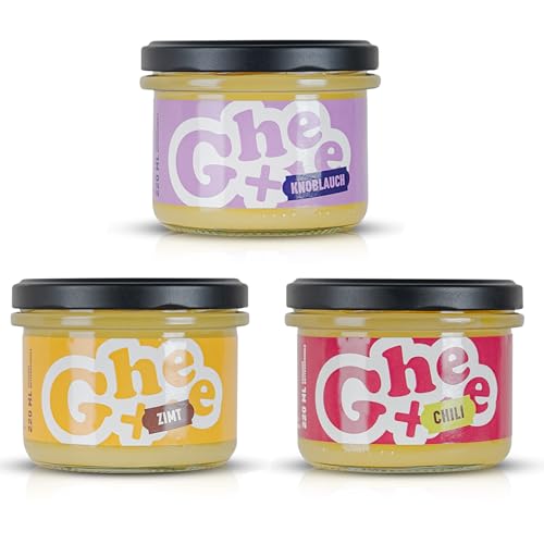 CG Ghee + Aromatisiertes Ghee 220ml | Chili, Knoblauch & Zimt | Ausgezeichnet mit dem Great Taste Zertifikat| Ideal zum Kochen, Backen, Braten und Grillen | 3er Set | 24 Monate haltbar von CG