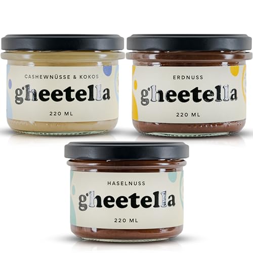 Czech Ghee MIX 3 pcs Gheetella Haselnuss 220ml + Erdnüssen 220ml + Cashew mit Kokosnuss 220ml | Ausgezeichnet mit dem Great Taste Zertifikat | Feine Nüsse & bestes Ghee | Ohne Zucker | Ohne Palmöl von CG