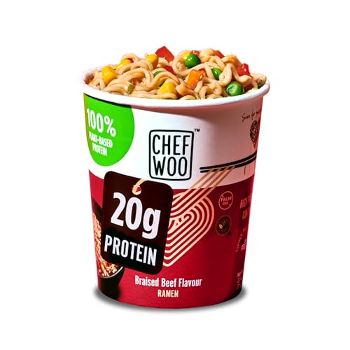 CHEF WOO high Protein Ramen - Beef I 12-er Pack Instant Nudeln Vegan mit Rind-Geschmack I 20 g Protein pro Portion, Asia Nudeln I Instant Ramen, Halal & Kosher I Chinesische Nudeln Fertiggericht von CHEF WOO