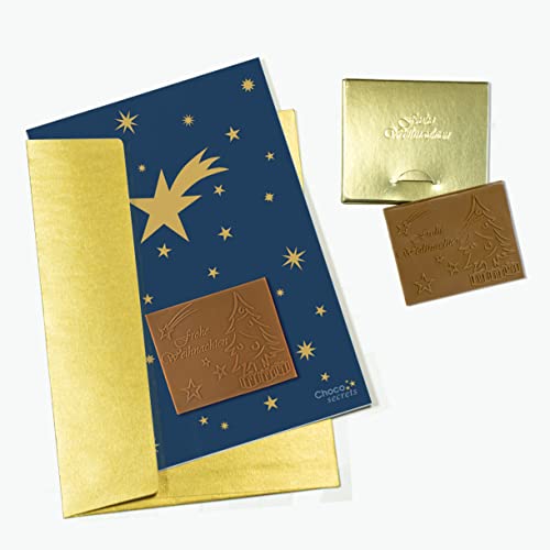 CHOCO SECRETS | 5 Weihnachtskarten mit geprägter „Frohe Weihnachten“ Schokolade inkl. Umschläge, in goldenen Schachteln | Grußkarten-Motiv Himmel mit goldenen Sternen | Umschläge in Gold von CHOCO SECRETS