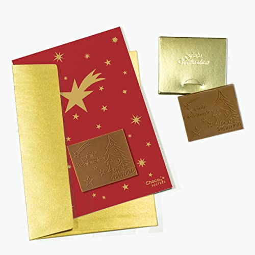 CHOCO SECRETS | 5 Weihnachtskarten mit geprägter „Frohe Weihnachten“ Schokolade inkl. Umschläge, in goldenen Schachteln | Grußkarten-Motiv Rot-Sterne | Umschläge in Gold von CHOCO SECRETS