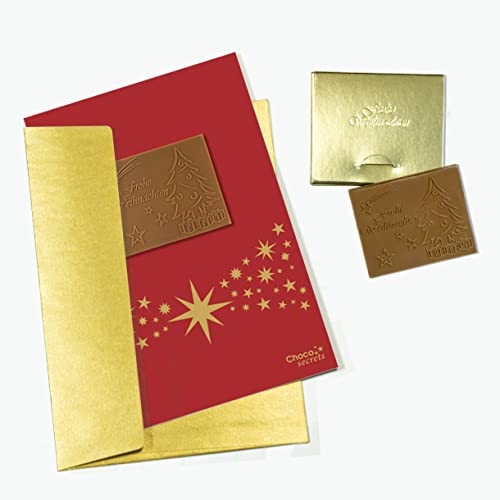 CHOCO SECRETS | 5 Weihnachtskarten mit geprägter „Frohe Weihnachten“ Schokolade inkl. Umschläge, in goldenen Schachteln | Grußkarten-Motiv Rot-Sternenband | Umschläge in Gold von CHOCO SECRETS