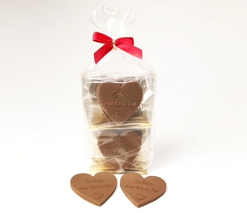 Choco Secrets - Liebe Schokoherzen – „Schön, dass du da bist“ - 12 Schokoladenherzen einzeln verpackt – Gastgeschenk für Hochzeit, Kommunion, Taufe oder Geburtstag von CHOCO SECRETS