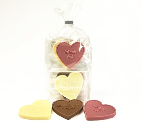 CHOCO SECRETS Liebe-Schokoherzen - 12 geprägte Schokoladenherzen mit „Ich liebe dich“, „Du bist wunderbar“ und „Schön, dass es dich gibt“ - Schokolade-Geschenk für Ihre Liebsten von CHOCO SECRETS