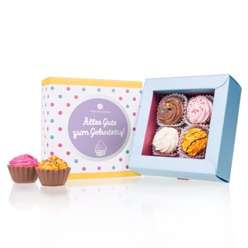 CHOCOLISSIMO - Schokolade Geschenk Geburtstag - Pralinen Geschenk - mit Alkohol - 4 handgemachte Cupcakes Pralinen - Kleines Geschenk für Frauen, Männer, Papa, Mama, Partner, beste Freundin von CHOCOLISSIMO