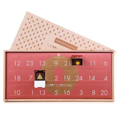 Adventskalender Schokolade - Weihnachtskalender mit 24 Schokoladentäfelchen in Holzkästchen - Alkoholfrei - Geschenk für Kinder, Erwachsene, Frauen, Männer, Eltern - Frohe Weihnachten, 24 Stück von CHOCOLISSIMO