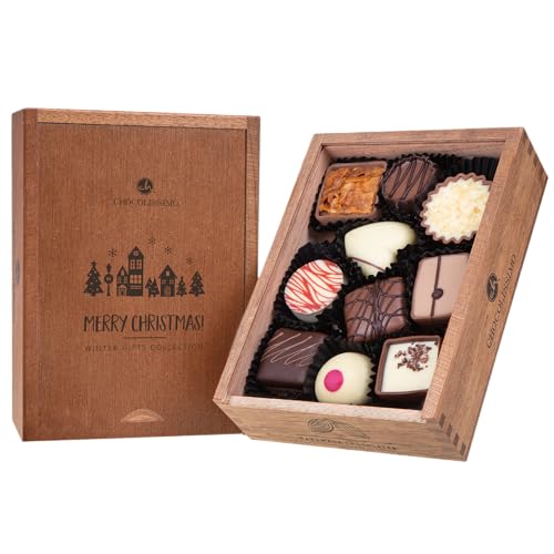 CHOCOLISSIMO - Schokolade Geschenk - 10 Pralinen ohne Alkohol - im Holzkästchen - Weihnachtsschokolade, Geschenk zu Weihnachten, alkoholfrei - für Frauen, Männer, Frau, Mann, Eltern - Merry Elegance von CHOCOLISSIMO