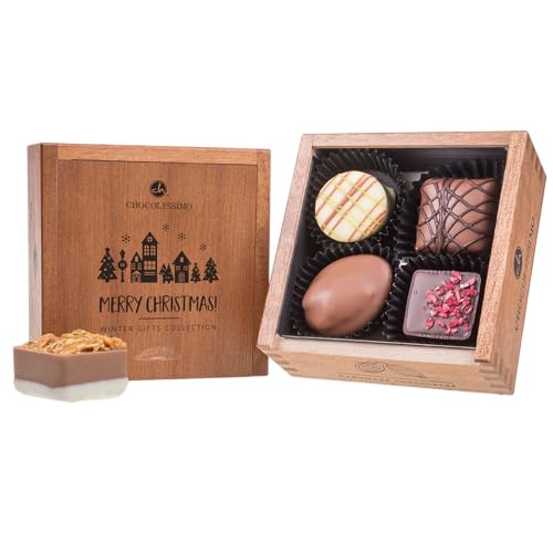 CHOCOLISSIMO - Schokolade Geschenk - 4 handgemachte Pralinen im Holzkästchen, ohne Alkohol - Weihnachtsschokolade, Geschenk zu Weihnachten, alkoholfrei - für Kinder, Frau, Mann - Merry Elegance Mini von CHOCOLISSIMO