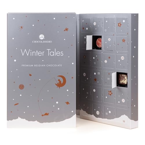 CHOCOLISSIMO Winter Tales Pralines - Pralinen - Adventskalender | Edle Pralinen | Schokolade | Weihnachtskalender | Weihnachten | Männer | Frauen | Mann | Frau | luxuriös | zum Aufklappen | Silber von CHOCOLISSIMO