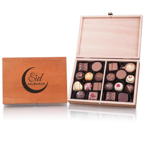 ChocoClassic ohne Alkohol - Eid Mubarak - 20 Pralinen in Holzkästchen | Geschenk | Schokolade | Mann | Frau | Junge | Mädchen | Moslem | Muslim | Moslime | Muslime | Islam | Fasten | Fastenmonat von CHOCOLISSIMO