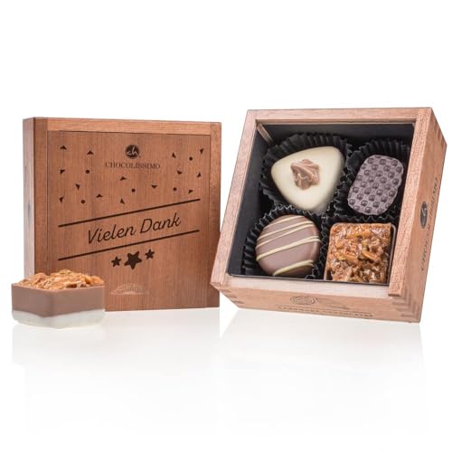 CHOCOLISSIMO - Danke Geschenk - Kleines Dankeschön Geschenk aus Schokolade in Holzbox - 4 edle Pralinen, mit Alkohol - Geschenkidee Geburtstag, Jahrestag, Valentinstag für Frauen, Männer, Papa, Mama von CHOCOLISSIMO