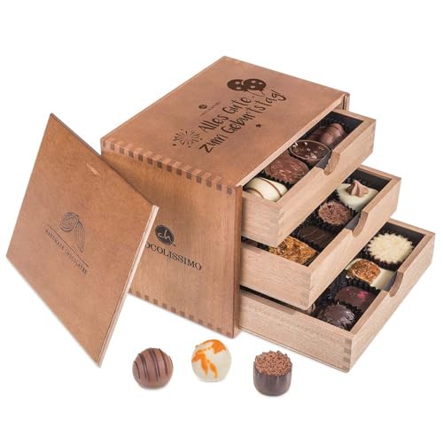 CHOCOLISSIMO - Pralinen Geschenk zum Geburtstag - Geburtstagsgeschenk für Frauen und Männer - 30 Stück in Holzbox, mit Alkohol - Alles Gute zum Geburtstag, Schokolade Geschenk, Geschenkidee von CHOCOLISSIMO